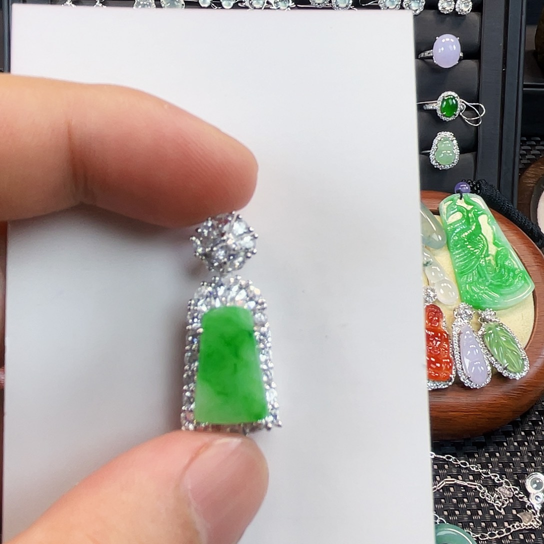 翡翠银S925镶嵌吊坠(不含链)FT002镶嵌阳绿无事牌