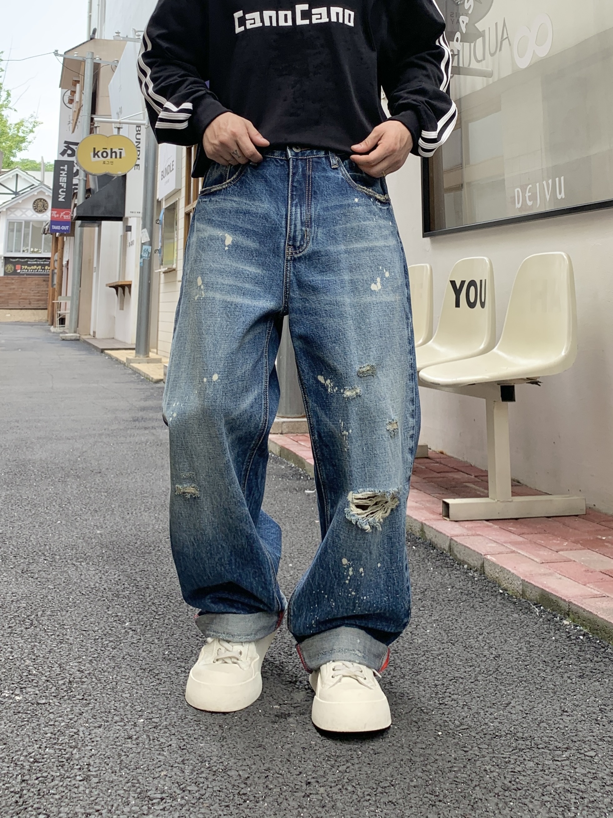 3327#个性潮牌破洞牛仔裤宽松直筒泼墨做旧复古水洗男装秋季新款