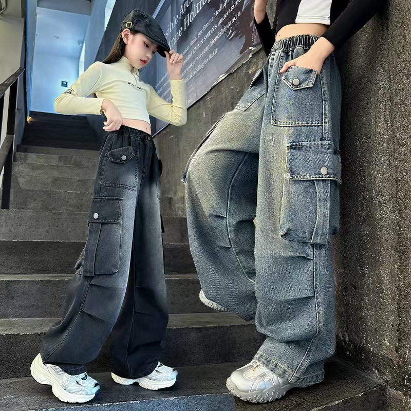 女童秋冬裤子洋气牛仔裤工装裤宽松高腰直筒儿童中大童百搭阔腿裤