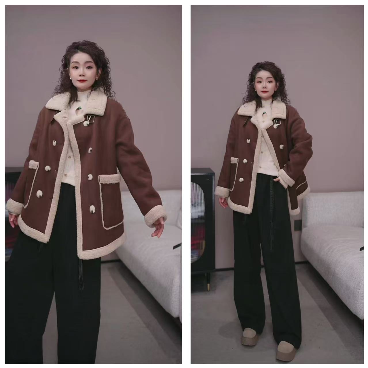 【双排扣翻领皮 毛一体外套】双面穿 DYC 8819