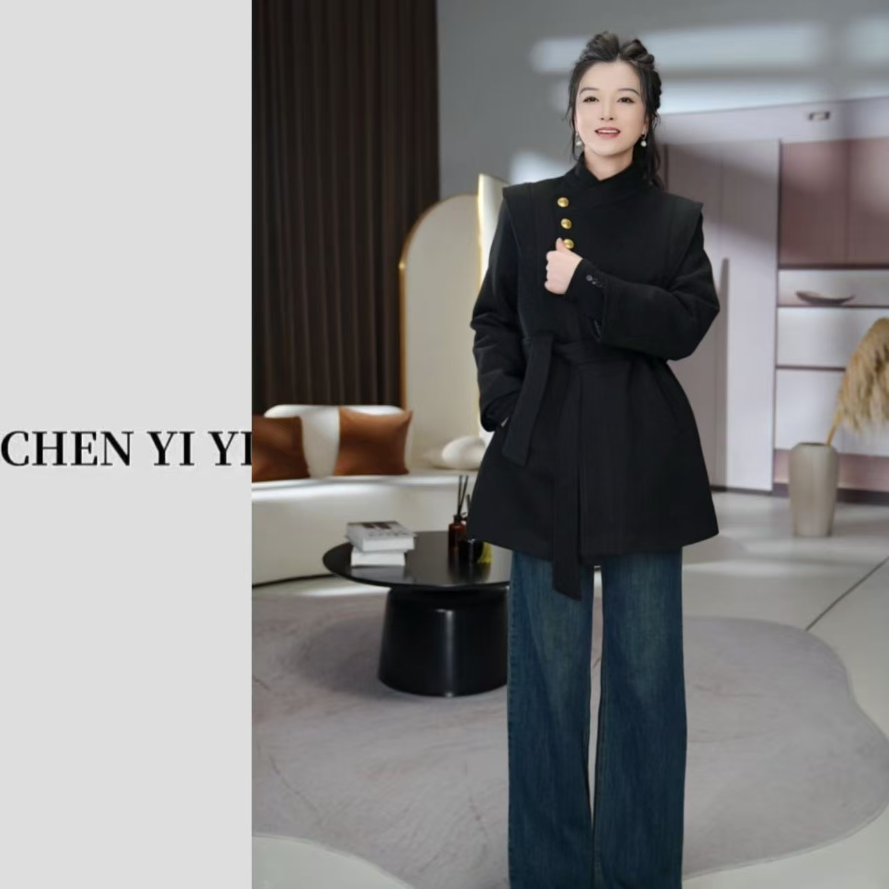 秋冬新款立领系带中长款加棉加厚大衣时尚百搭显瘦外套