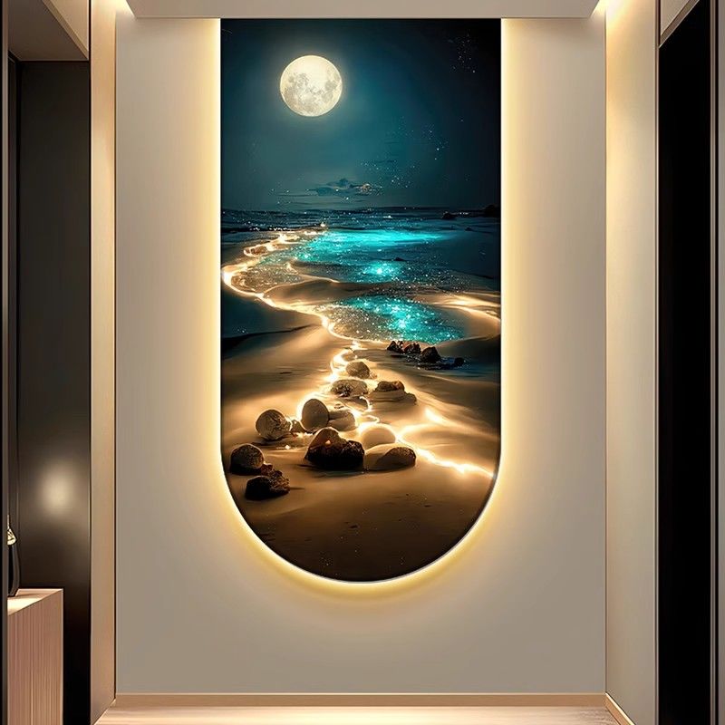 治愈系海浪玄关装饰画月球极光走廊尽头挂画轻奢海景入户玄关画