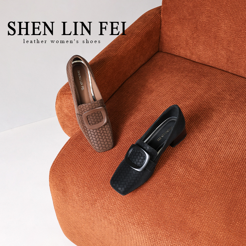 圣琳妃/牛皮/4CM方头轻职风低跟深口纯色单鞋软底乐福鞋D20501