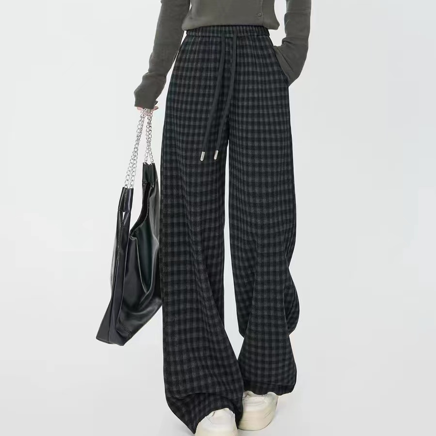 美式复古藏青色毛呢格子阔腿裤女秋冬高腰垂感慵懒风休闲裤子