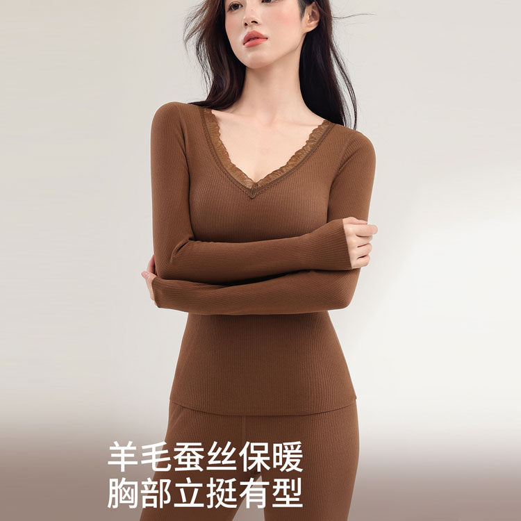 V领无痕紧身蕾丝深v保暖内衣秋冬保暖保暖套装文胸一体保暖套装