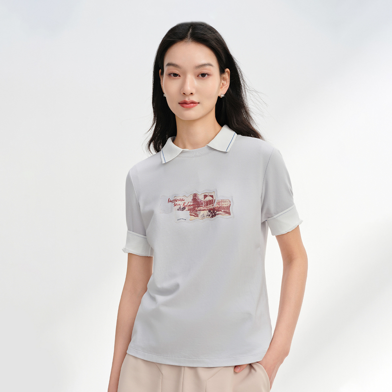 EP雅莹2025春装新款女装 长绒棉印花修身圆领正肩T恤上衣5352A