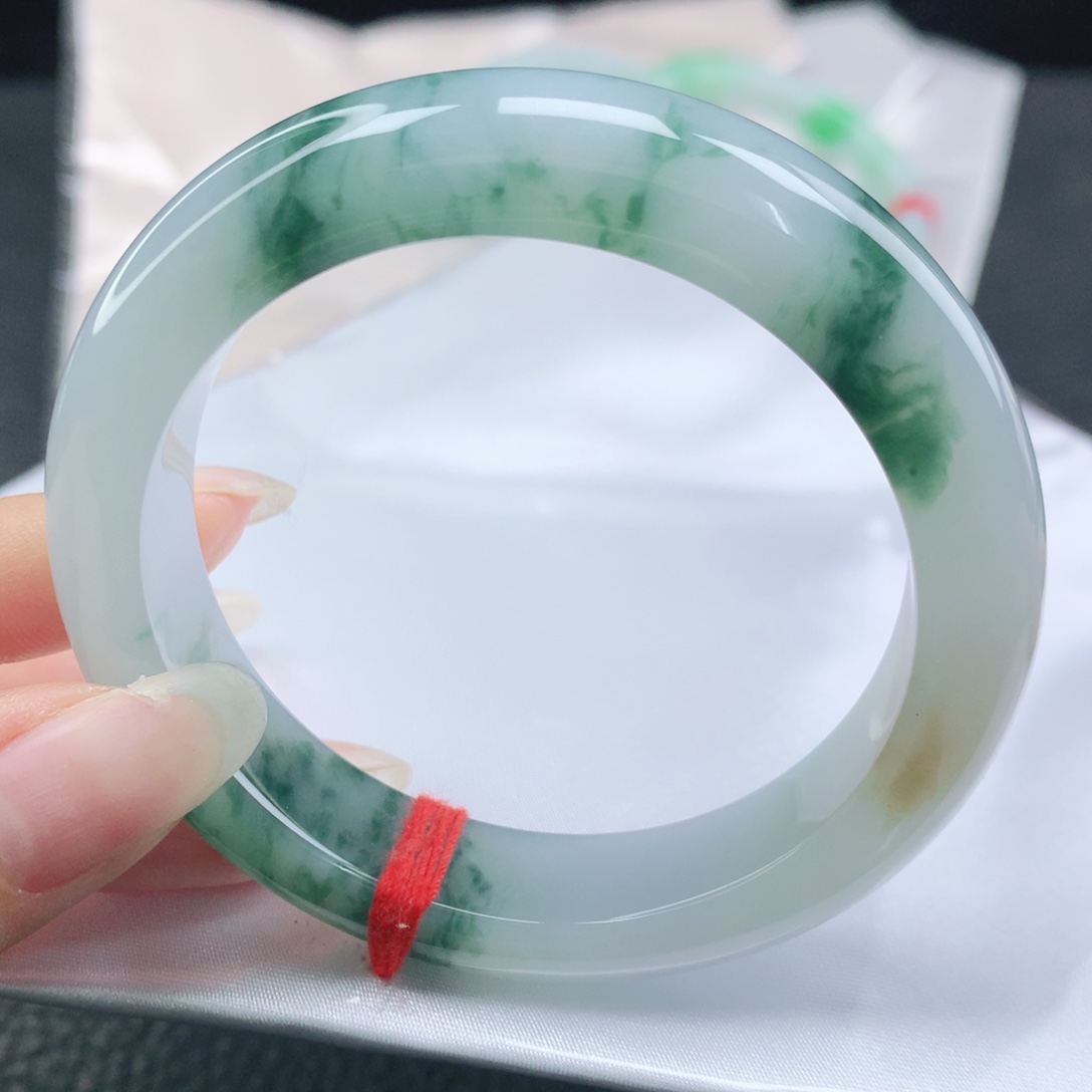 翡翠未镶嵌手镯缅甸54.4冰胶润飘蓝花正圈