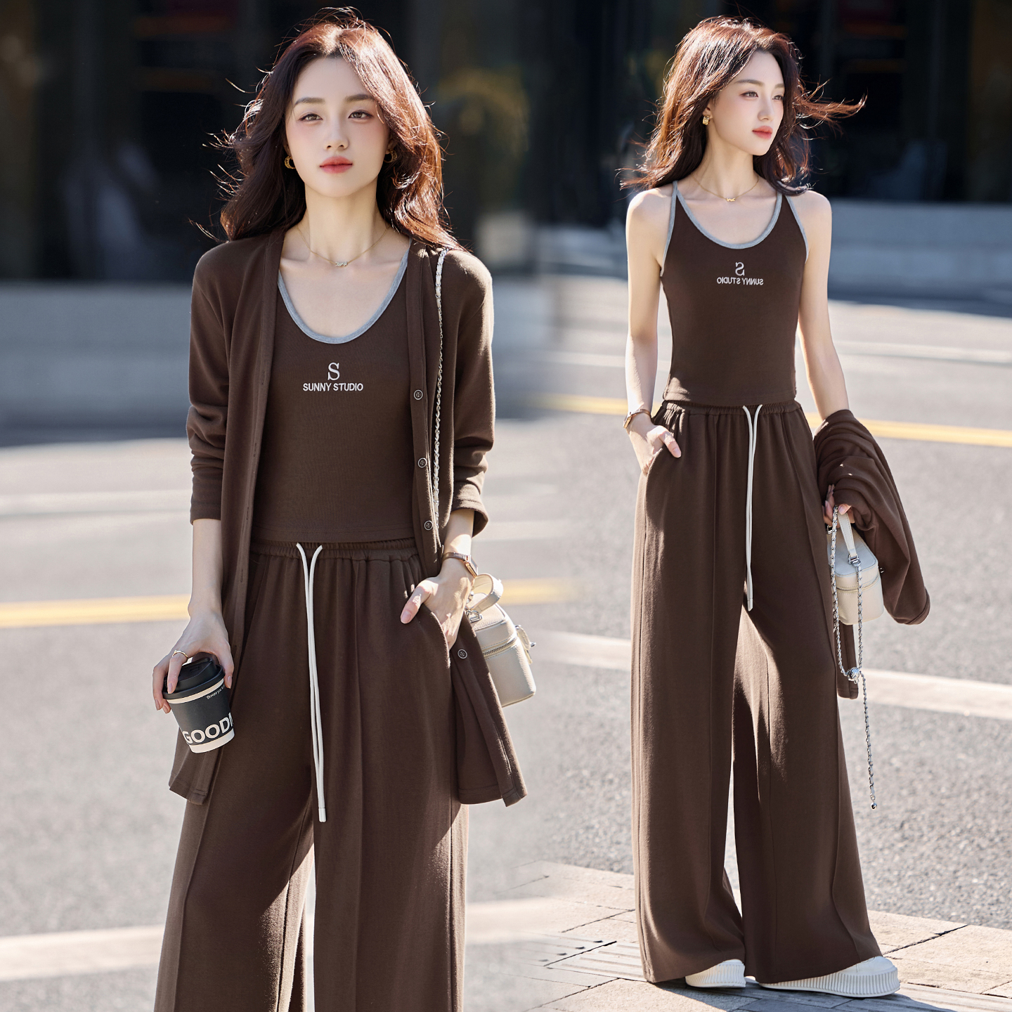 休闲时尚慵懒风气质套装女2025春秋新款洋气减龄宽松阔腿裤三件套