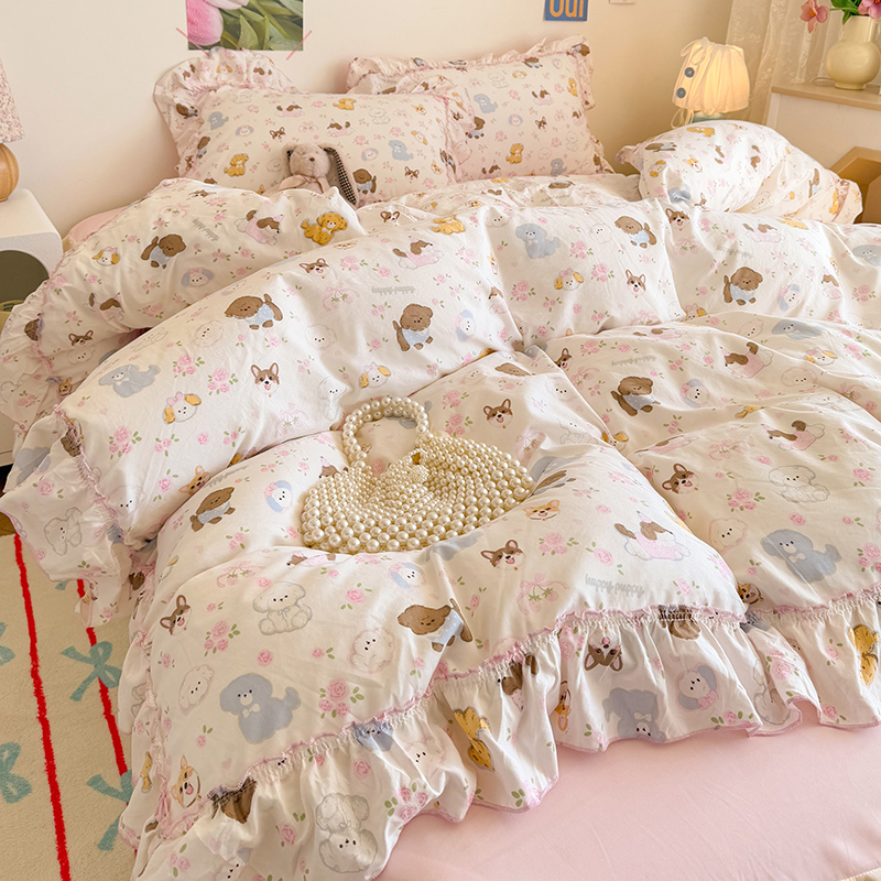 韩版公主风花边小清新水洗棉四件套128欢乐多