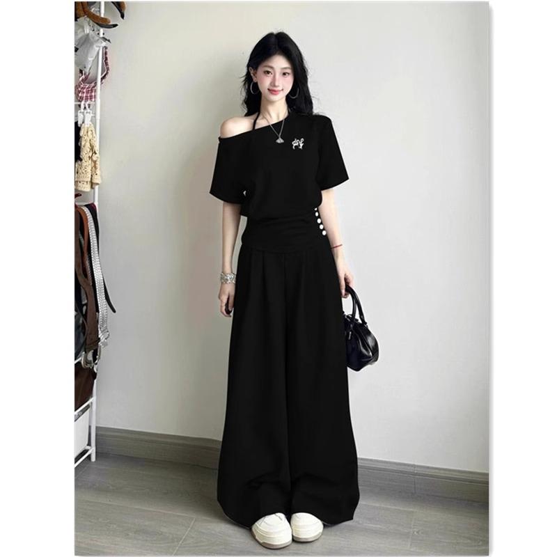 2025新款休闲运动套装女上衣慵懒时尚斜肩短袖t恤阔腿长裤两件套