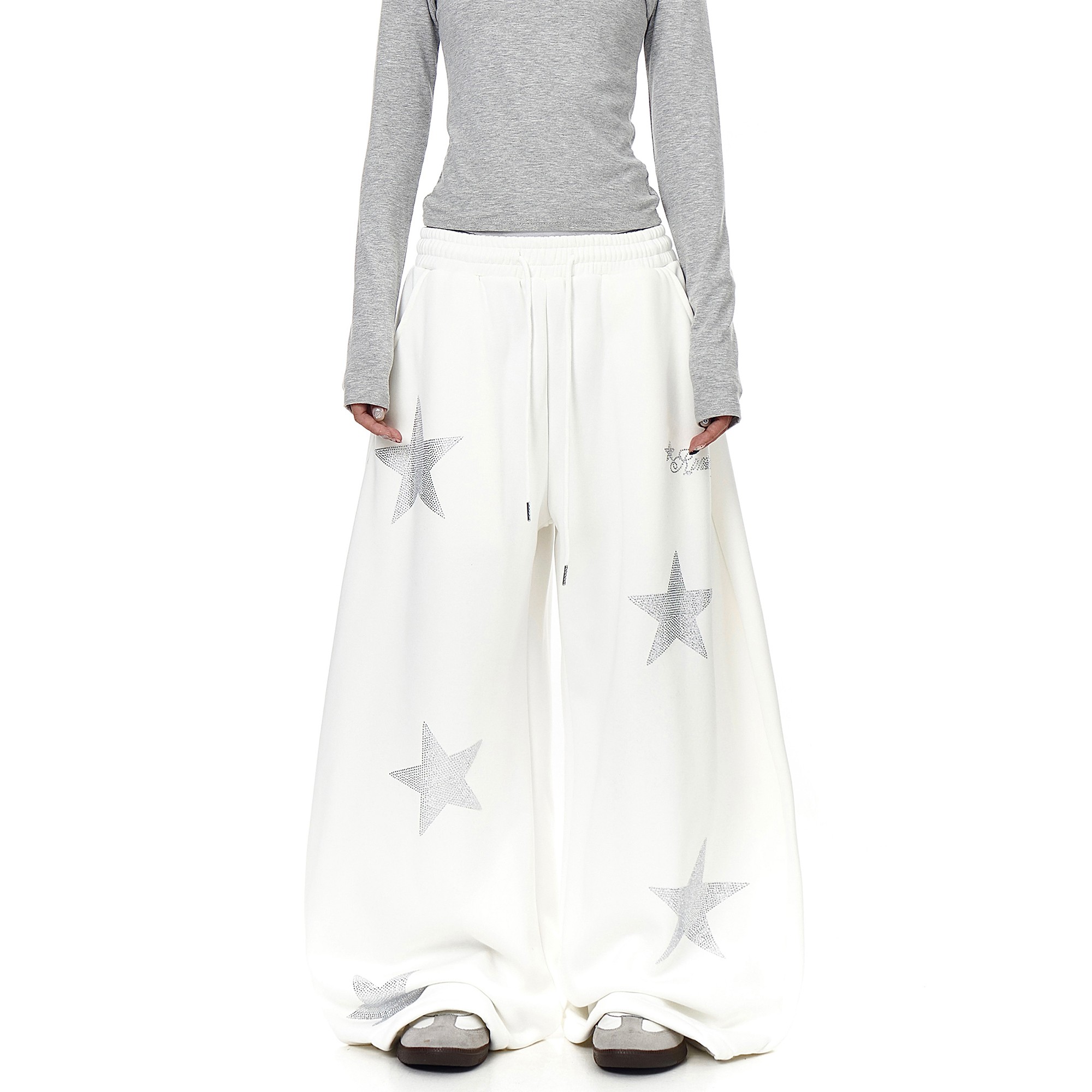 Y-C美式复古星星烫钻春秋冬新款弯刀卫裤男女爵士舞宽松阔腿裤潮