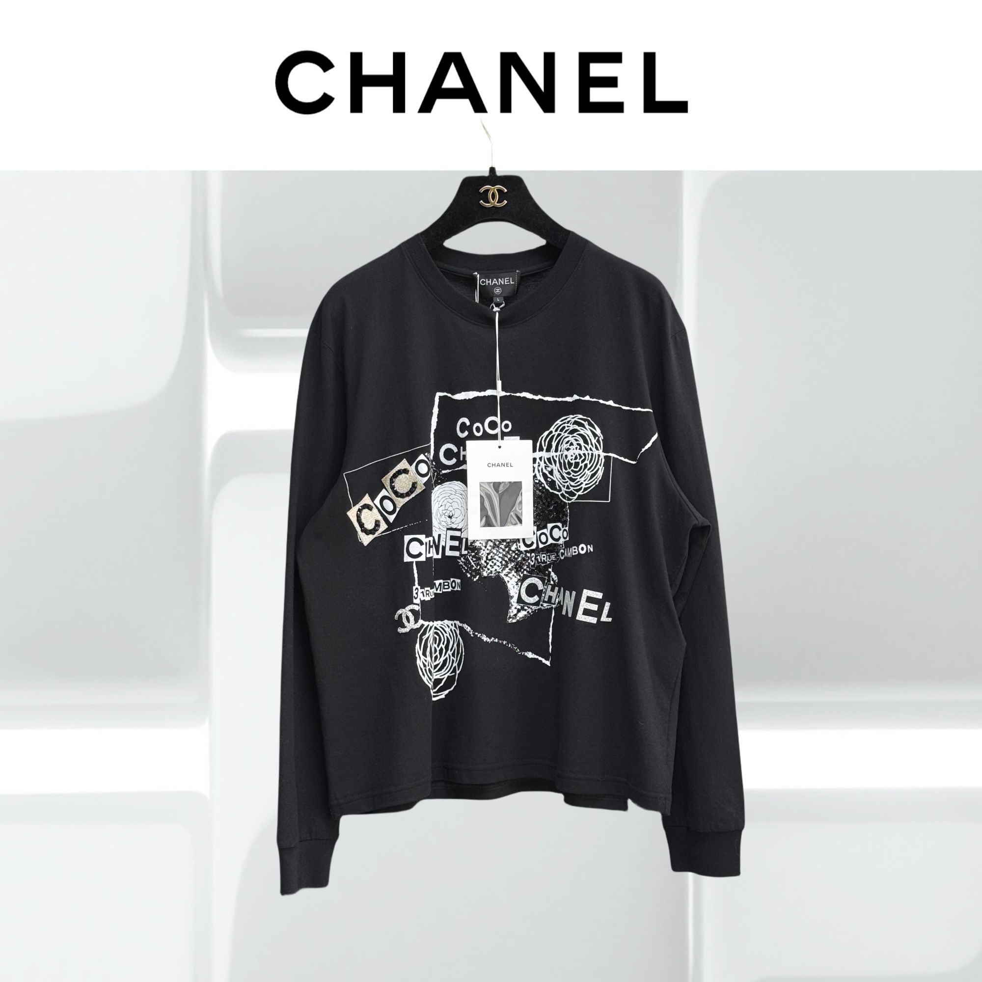 99新 Chanel/香奈儿 L码 黑色拼白色 山茶花 亮片字母 长袖卫衣