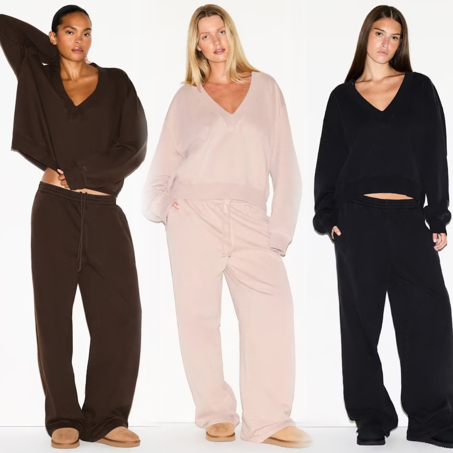 skims 25年新款女秋冬抽绳卫裤纯色v领宽松显瘦时尚休闲长袖卫衣