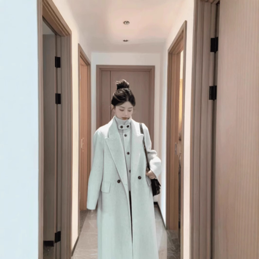 【霁影】新款双面羊毛大衣女中长款螺纹高领马甲两件套百搭毛呢外套