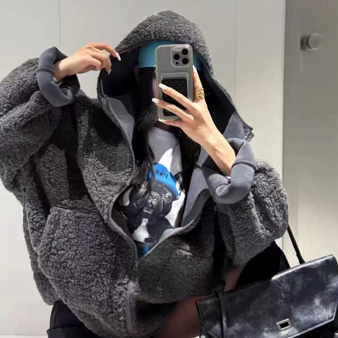 LATTE正版冬季新款 宽松慵懒连帽灰色毛茸茸外套女