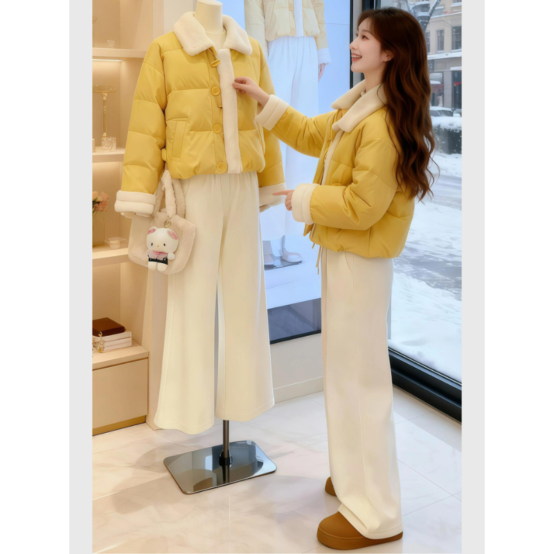 巨好看的两件套冬装女2025新款翻领拼接短款棉服休闲直筒长裤套装