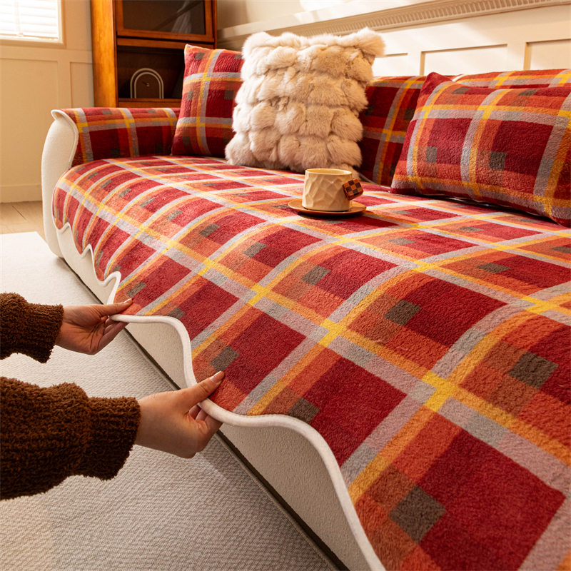 红色圣诞毛绒沙发垫新年装饰氛围感沙发盖布冬季加厚保暖防滑坐垫