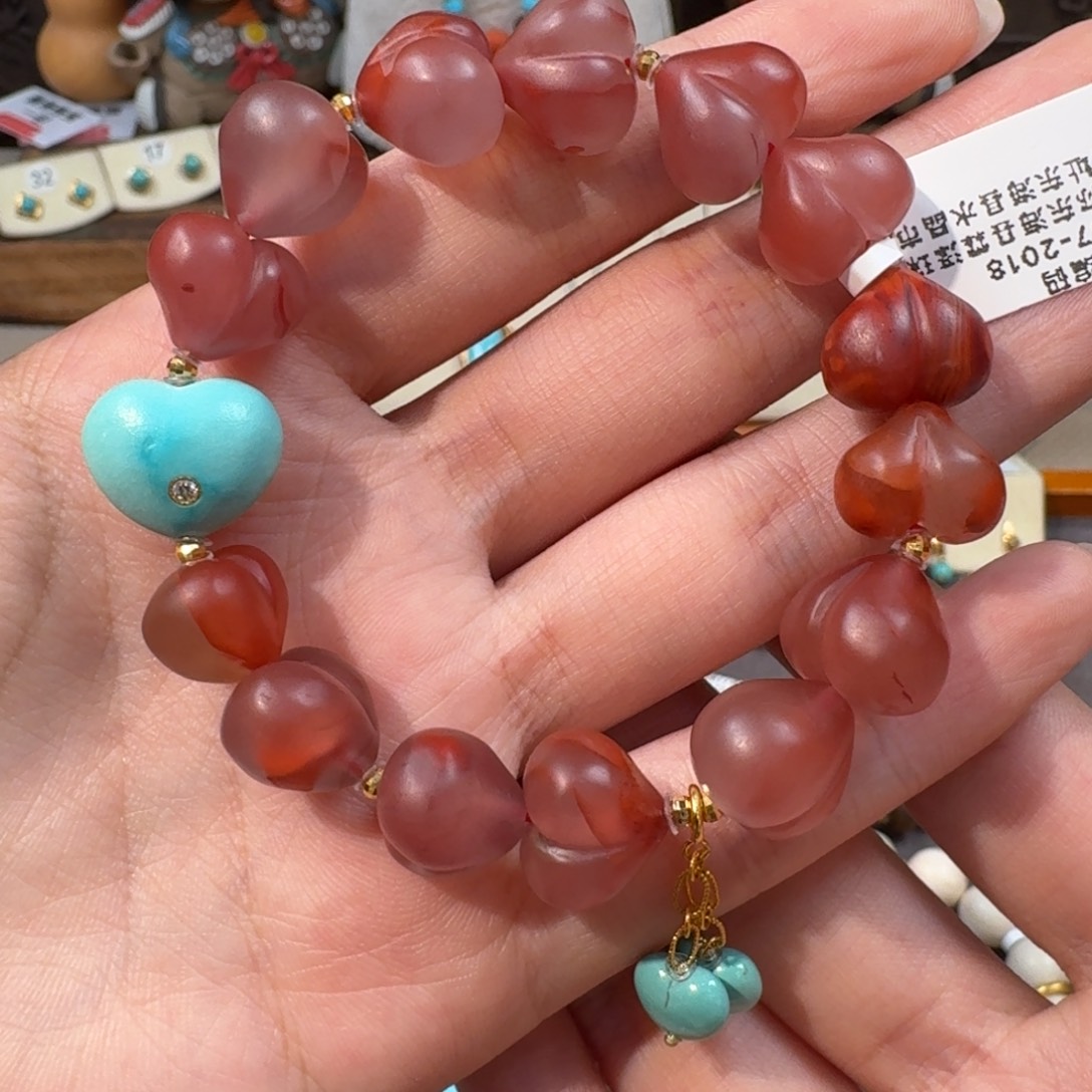 绿松石18K金镶嵌手串绿松石南红屁桃