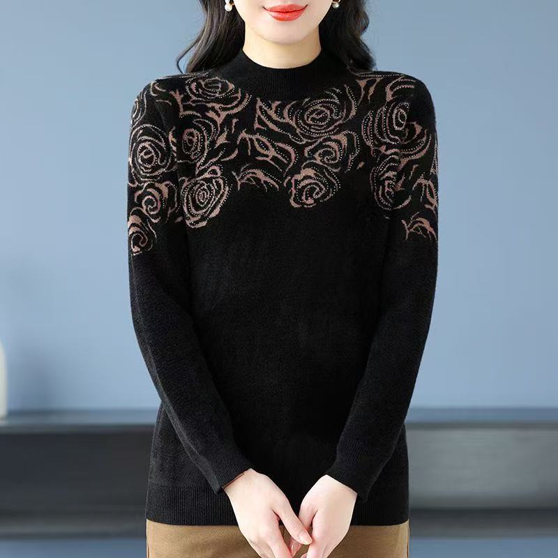 【笑笑专享】爆款常规款中老年女装打底衫女士宽松半高领毛衣花鸟