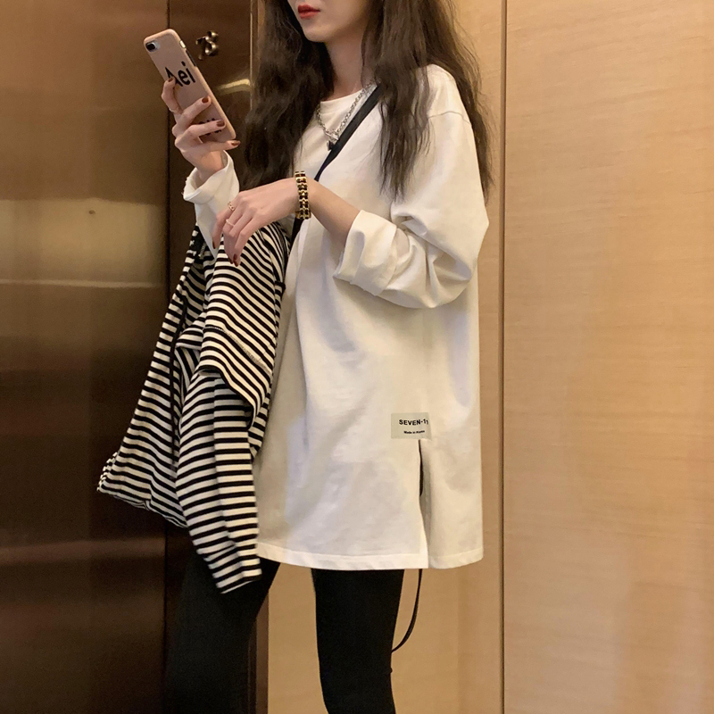 纯棉中长款长袖T恤女打底衫叠穿卫衣内搭春秋季宽松大码开叉上衣