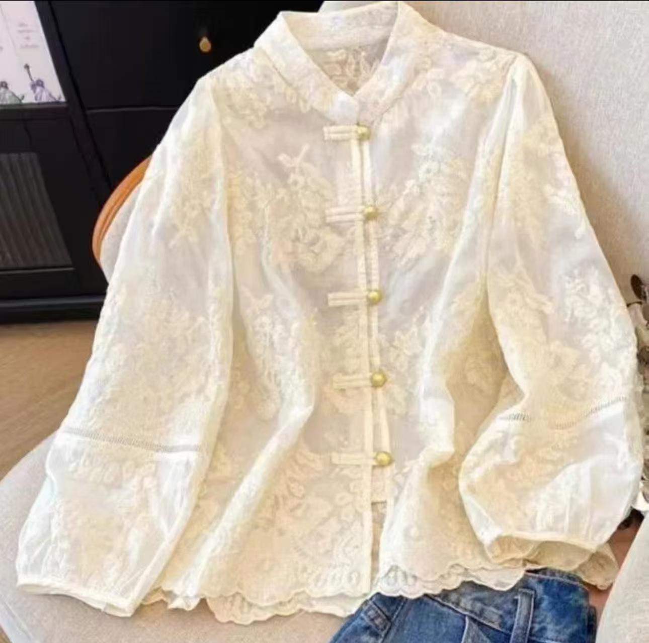 显瘦刺绣新中式长袖衬衫春季上衣复古绣花中国风国风新中式女装