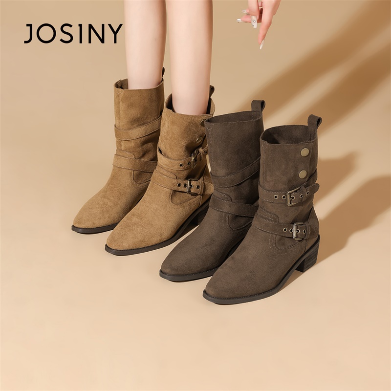 JOSINY/卓诗尼时装靴黑色中筒女靴复古长靴英伦骑士平底筒靴时尚