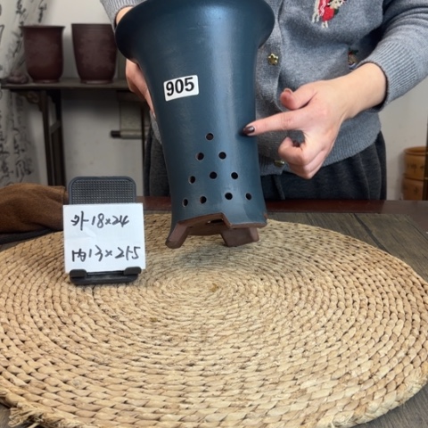 紫砂花盆粉浆墨蓝束腰圆905 2只