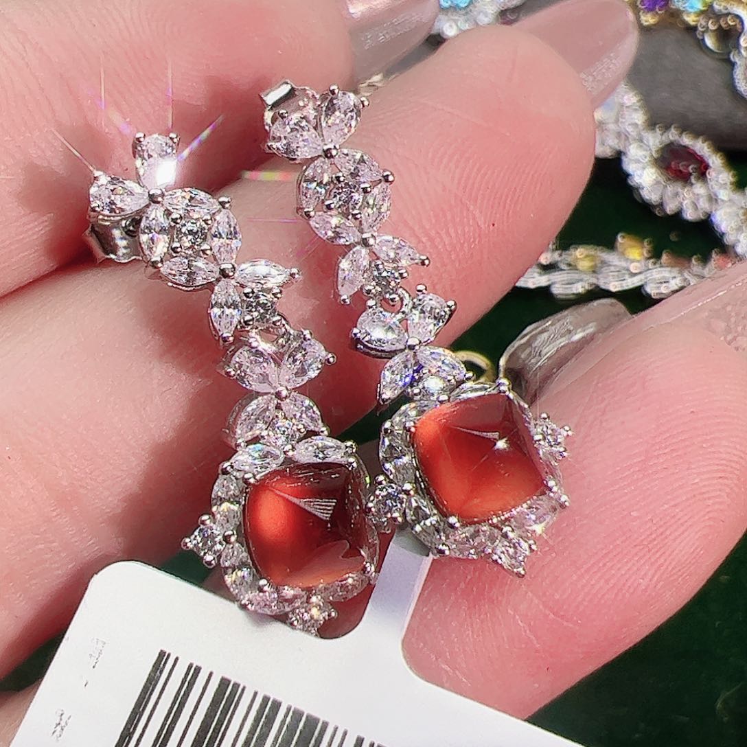 石榴石（芬达石）耳钉银S925镶嵌