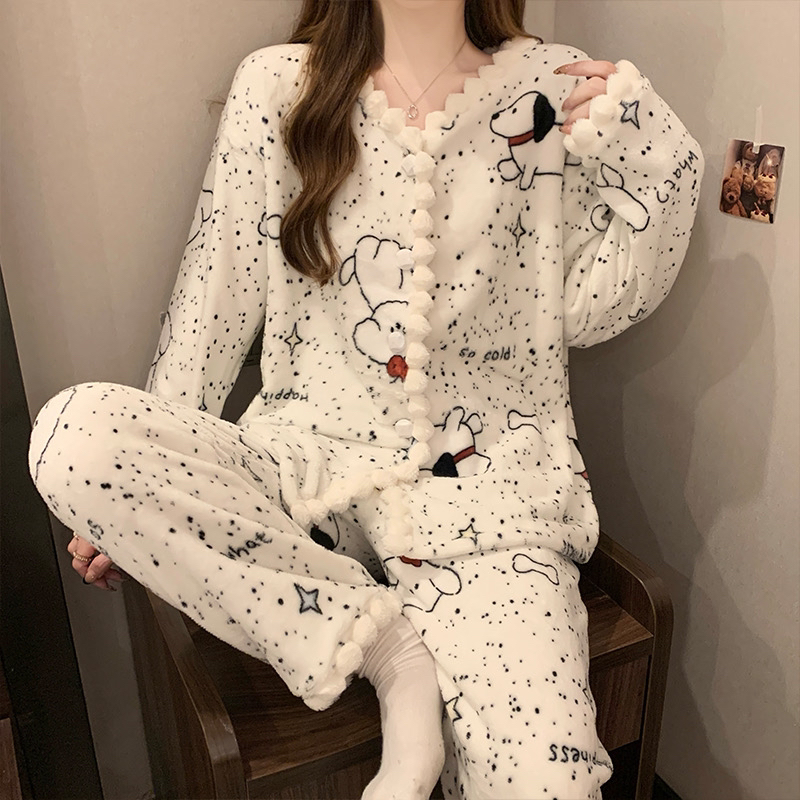 卡通狗狗可爱印花长袖V领开衫睡衣女2025冬季家居服珊瑚绒套装潮