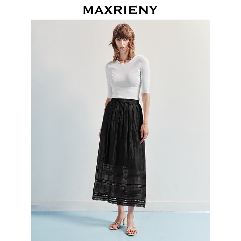 MAXRIENY精致浪漫感25夏款A型花边伞摆半身裙女高级气质感高腰裙