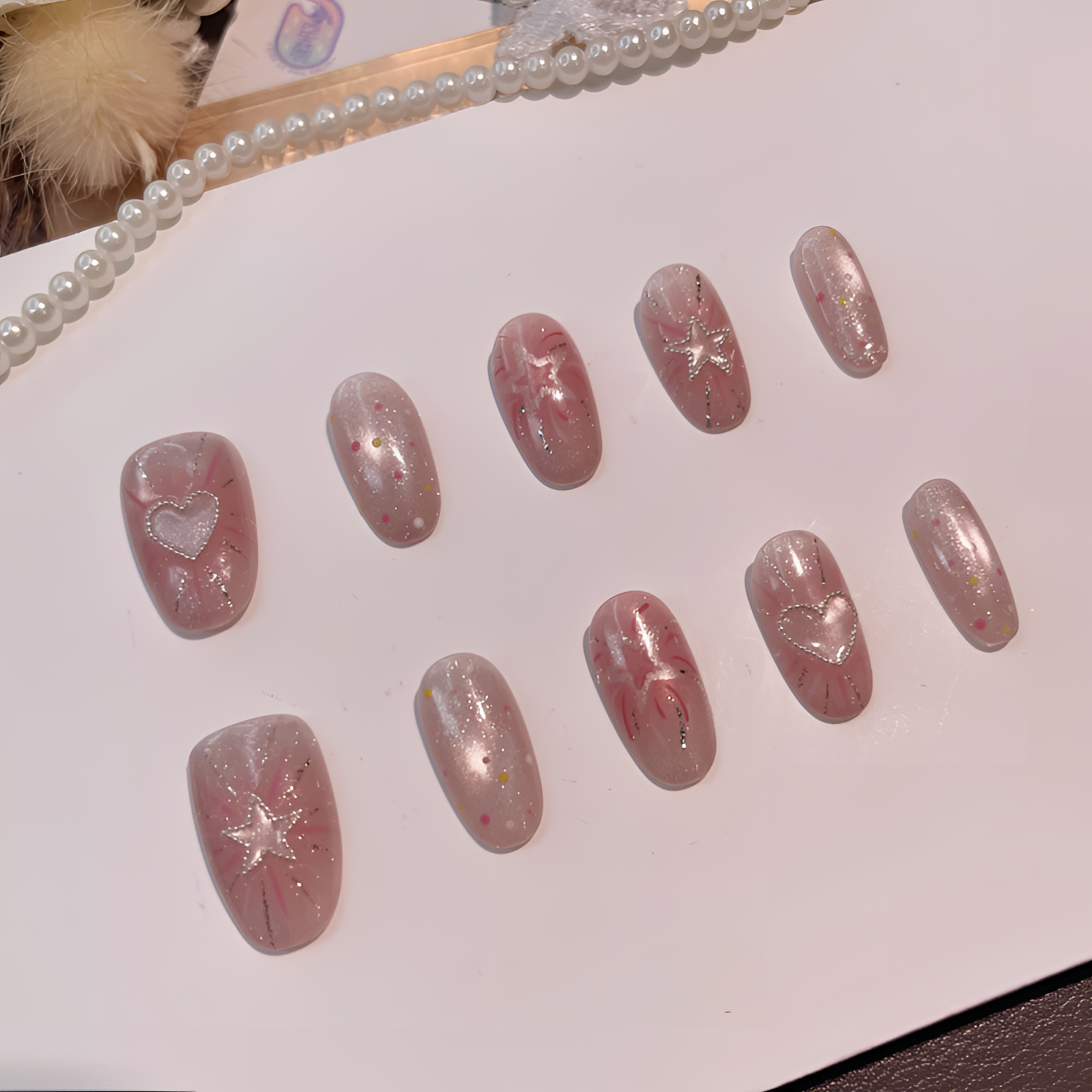 A2325『少女星光』甜美温柔猫眼手绘烟花星芒拼钢珠纯手工穿戴甲