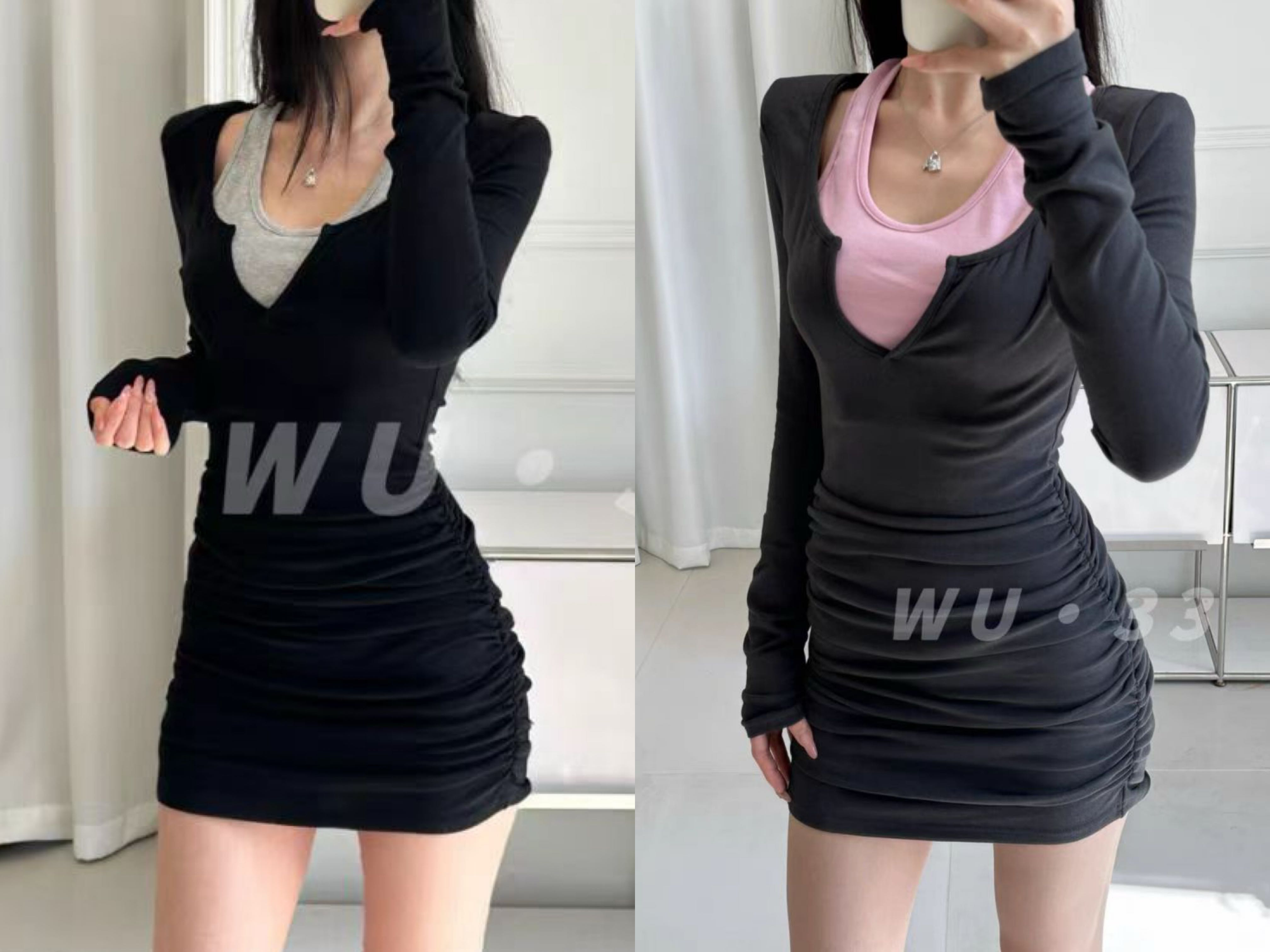 小白家假两件拼色长袖连衣裙女新款时尚洋气修身包臀短裙9025