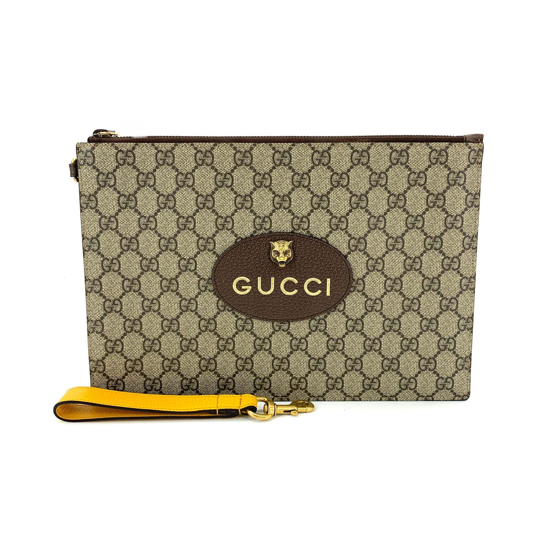 99新 GUCCI/古驰 男士时尚休闲经典老花虎头手拿包 尺寸30/20中性