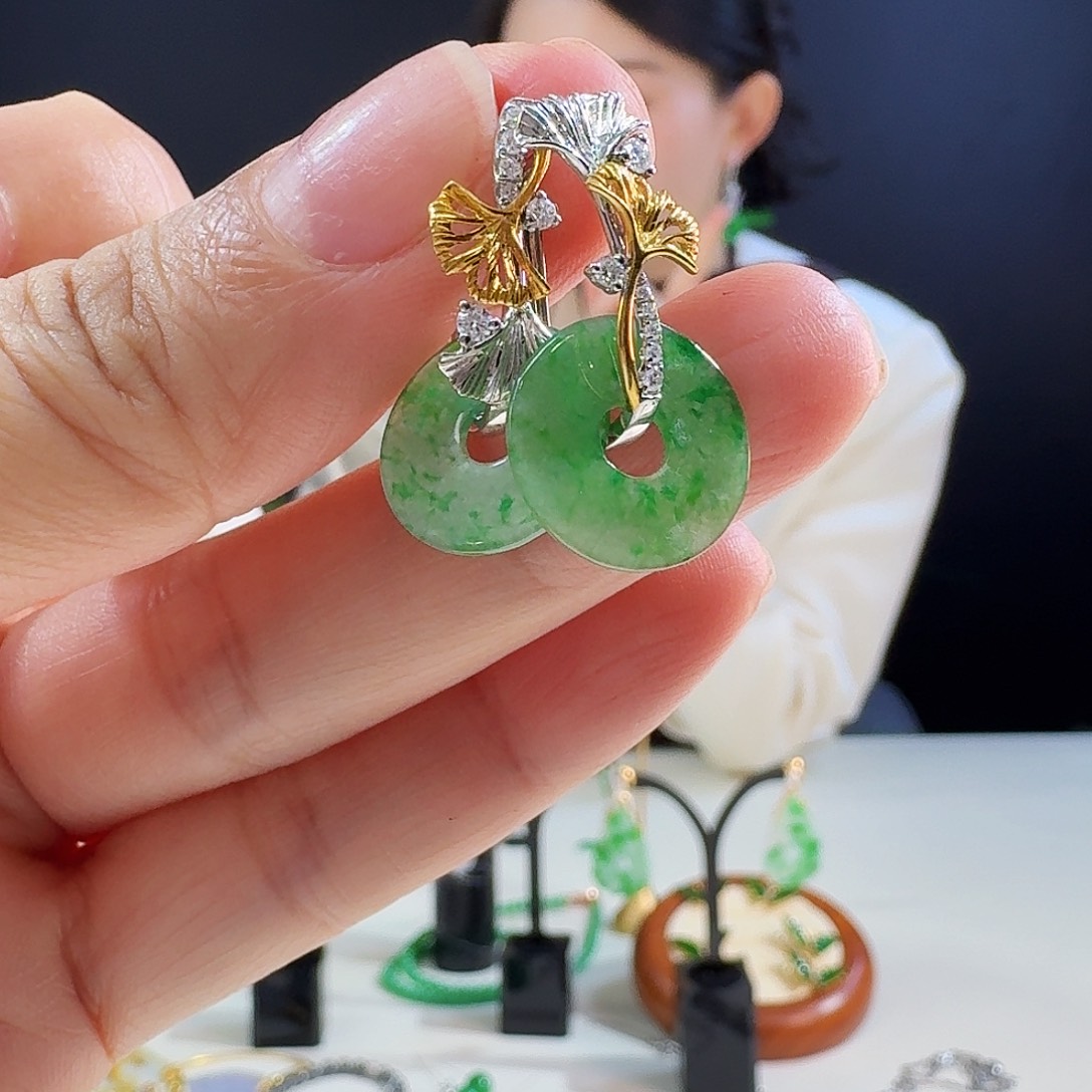 翡翠18K金镶嵌耳饰18k金 