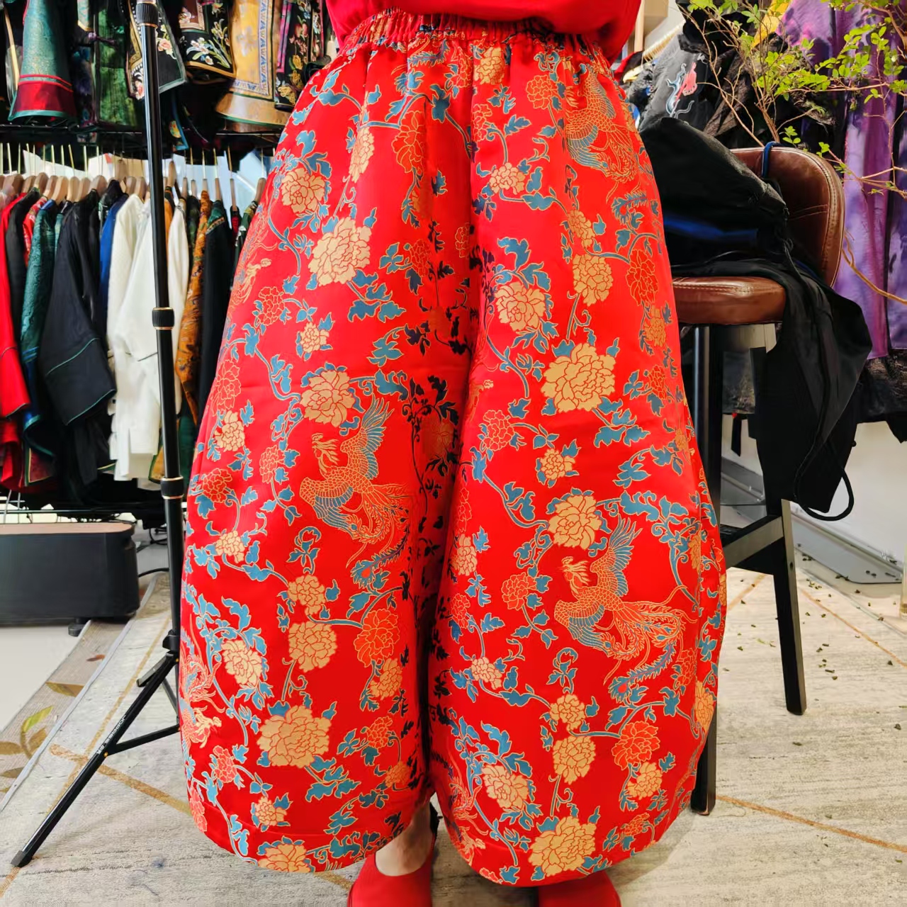  （SK5408）凤徕兮私人定制红色凤穿牡丹暗纹全松紧花苞裤