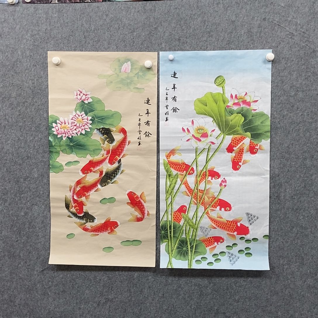 草***宣国画两幅三尺工笔九鱼