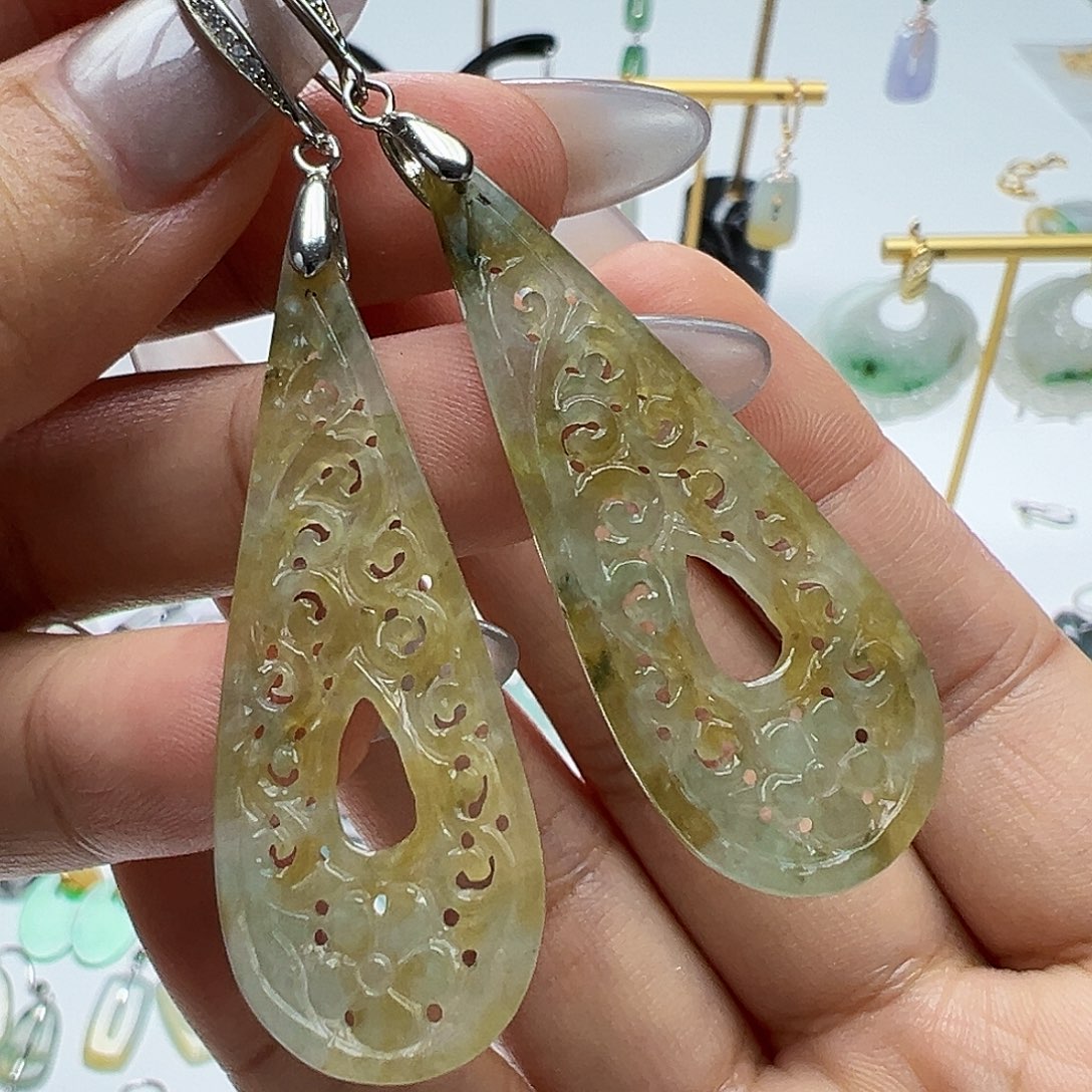 翡翠银S925镶嵌耳饰天然缅甸A货翡翠