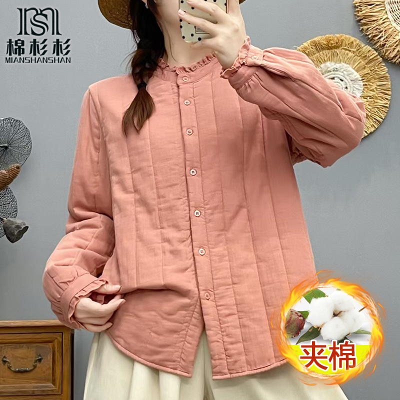 夹棉木耳领花边 棉纱纯棉衬衫女长袖 加厚保暖御寒内搭外穿纯色
