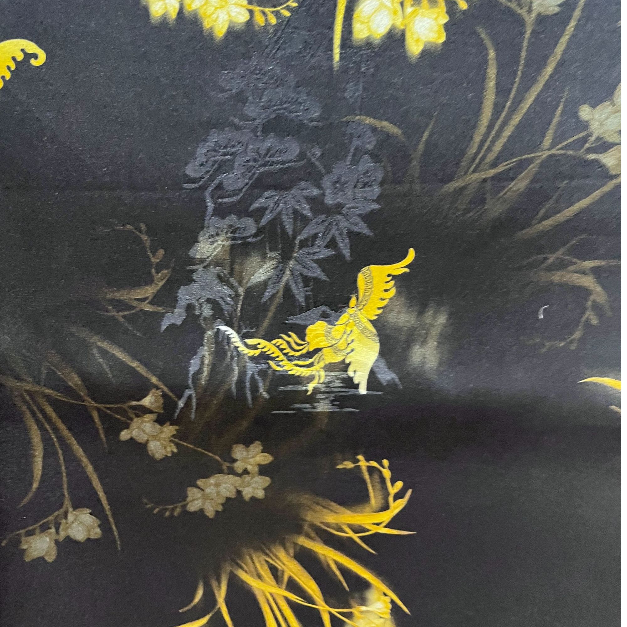 【黑底金黄花】 100真丝  香云纱面料