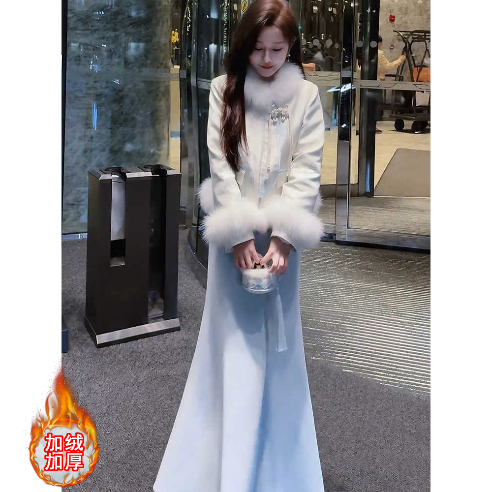 冬装搭配新中式轻国风半身裙女蓝色高级感百搭包臀鱼尾裙套装