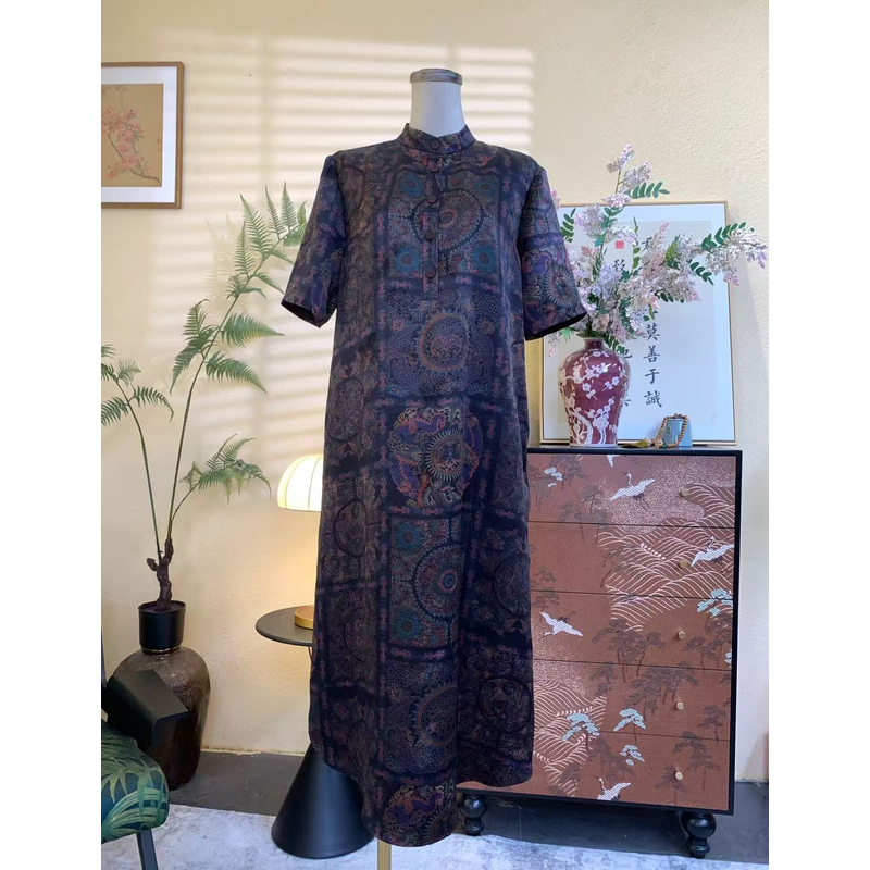 知羽.香云【忆夏】桑蚕丝香云纱提花罗优雅新中式连衣裙ZY25103-2