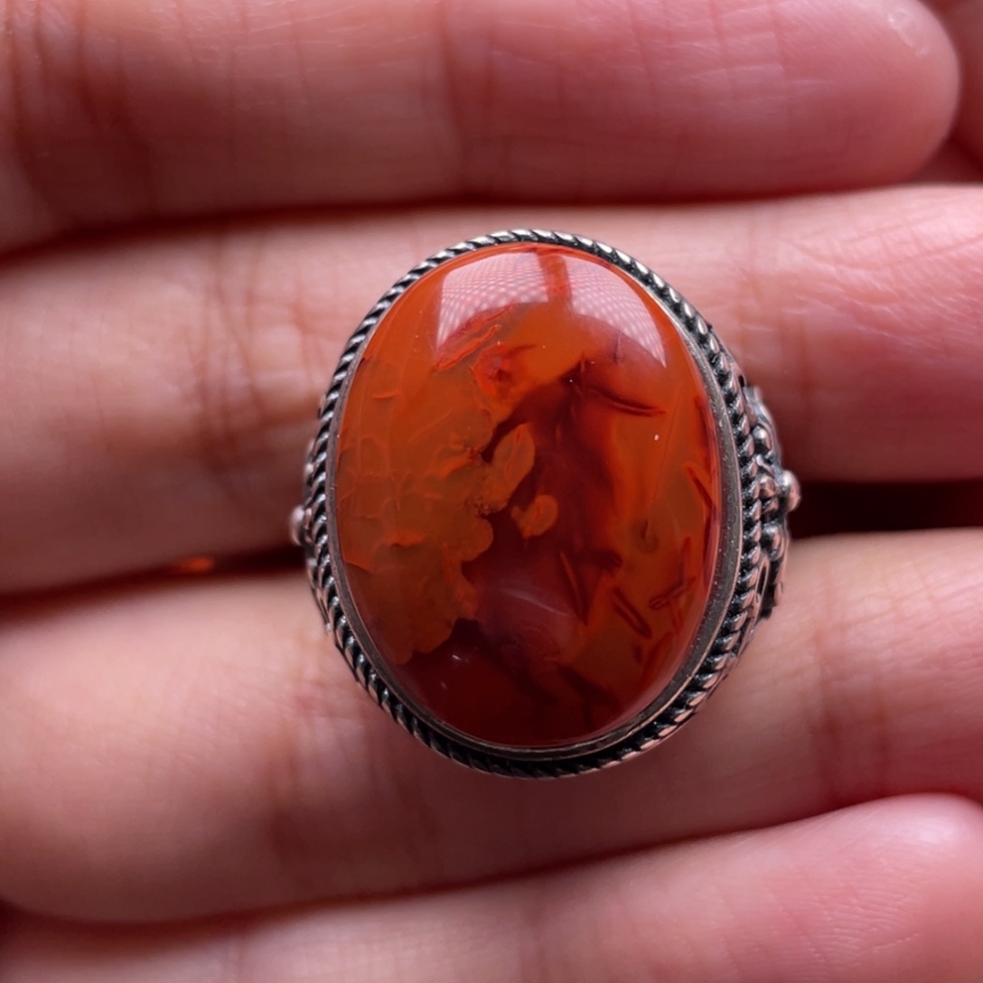 南红玛瑙银S925镶嵌珠宝奇石戒指