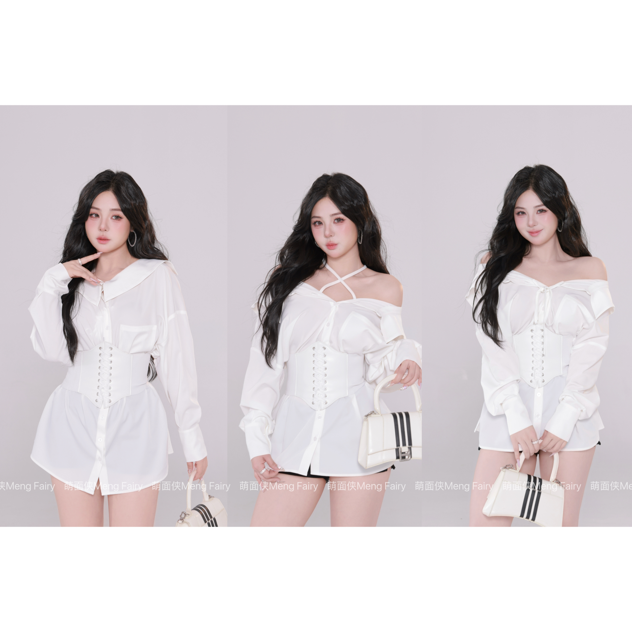 清清萌面侠【悸动罗曼史】三穿纯色长袖收腰显瘦衬衫5801M