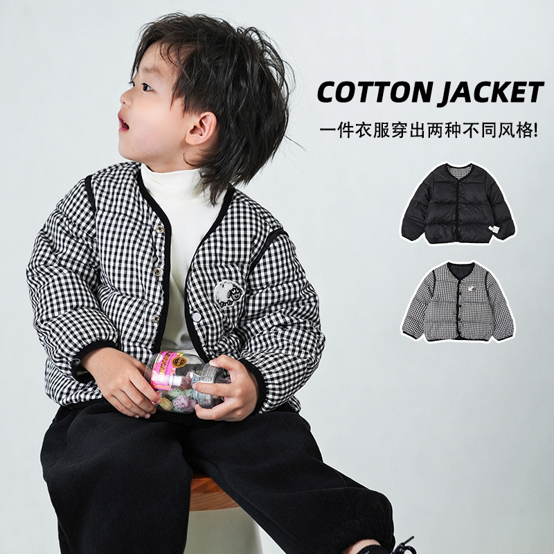 JMJQ童装深秋冬季韩版时尚双面穿格子无领校服神器羽绒服201561