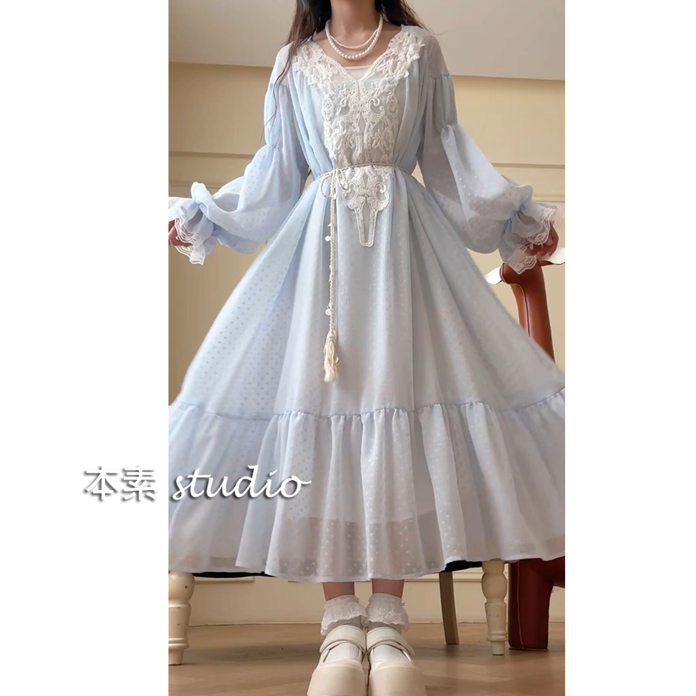 海风轻舞C3817植绒波点蕾丝拼接V领连衣裙