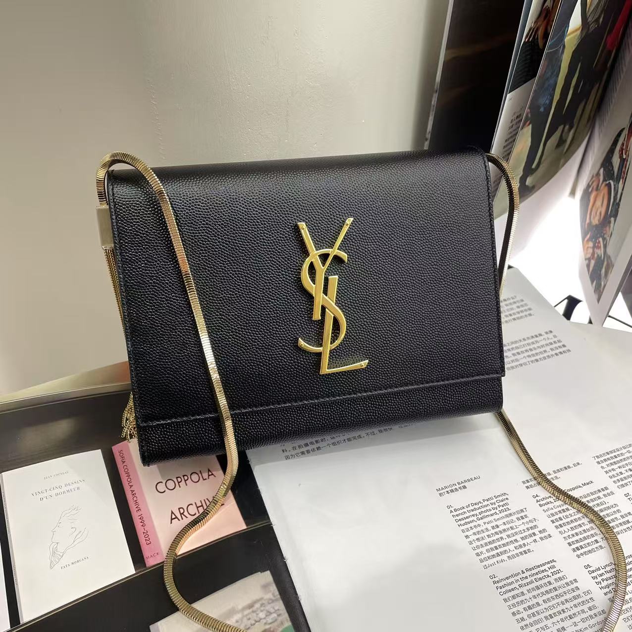 全新未使用 YSL/圣罗兰 黑色颗粒压纹牛皮流苏盒子包 斜挎包