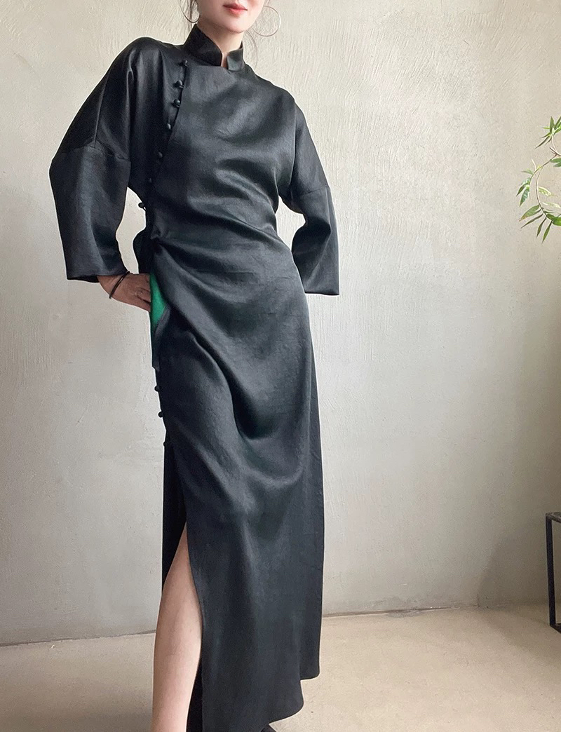 小众精致新中式黑紫丝短袖旗袍裙连衣裙礼服晨袍