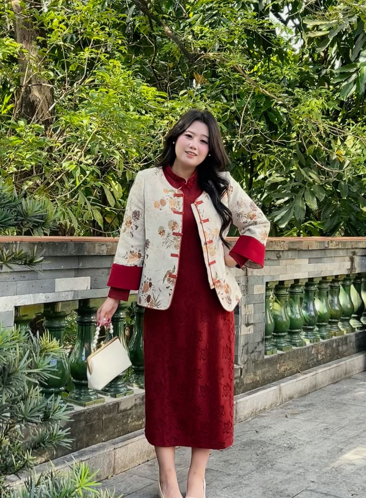 码加加51992胖MM2025新款新中式时尚洋气百搭大码提花连衣裙套装