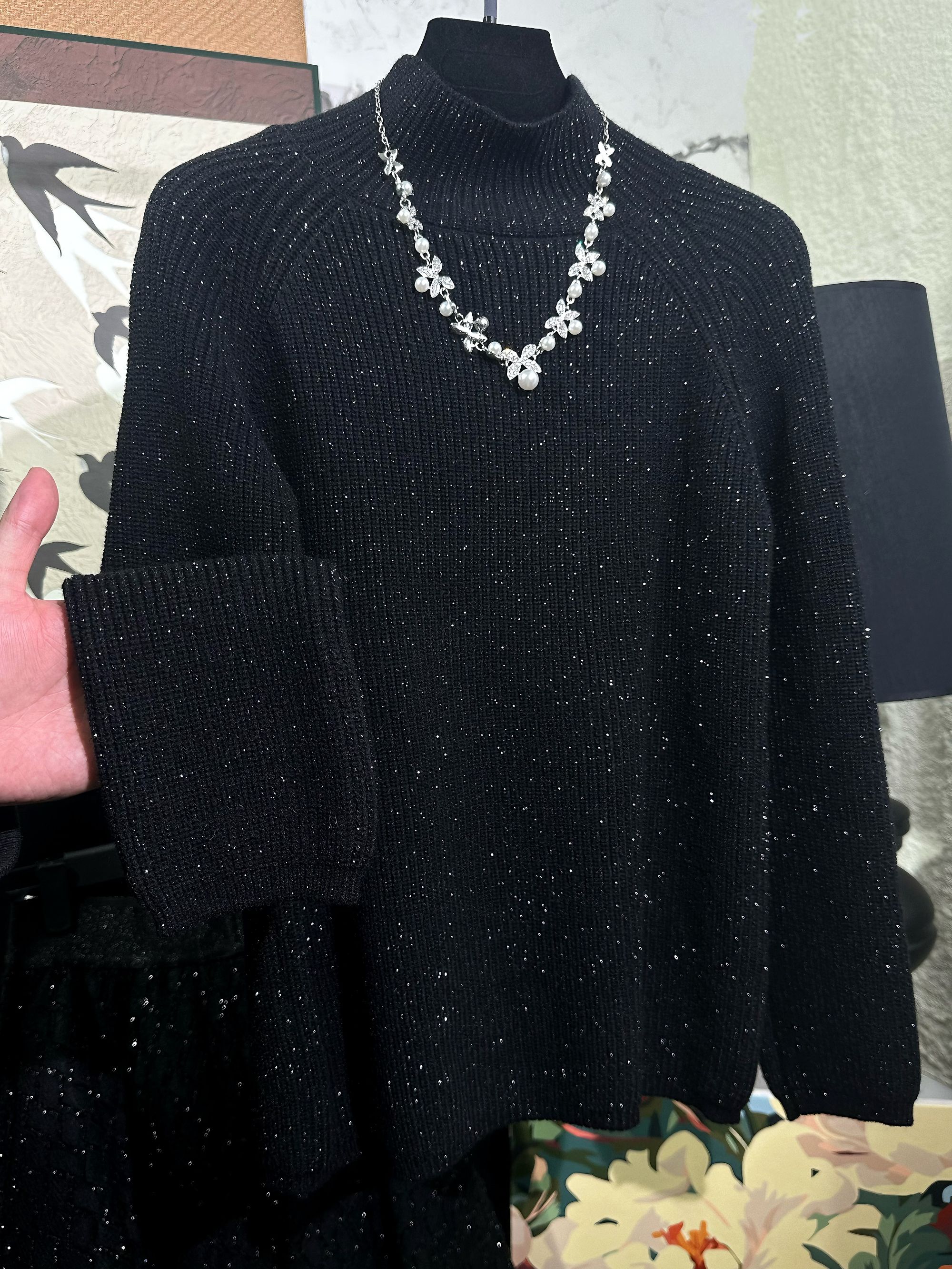 【加厚半高领】轻奢高定水晶纱天丝别致轻奢细闪微宽松女士针织衫