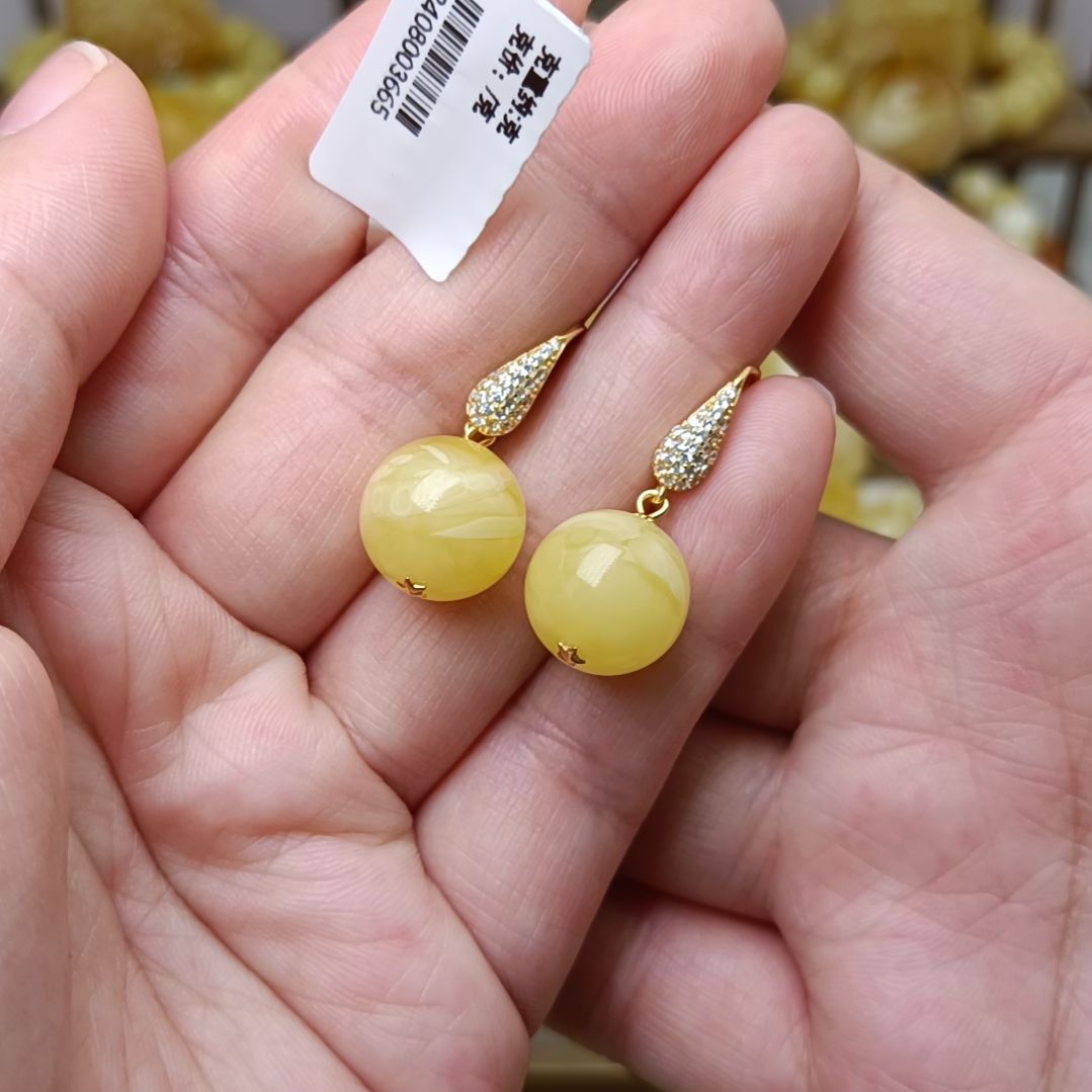 蜜蜡耳饰银S925镶嵌13圆珠耳坠